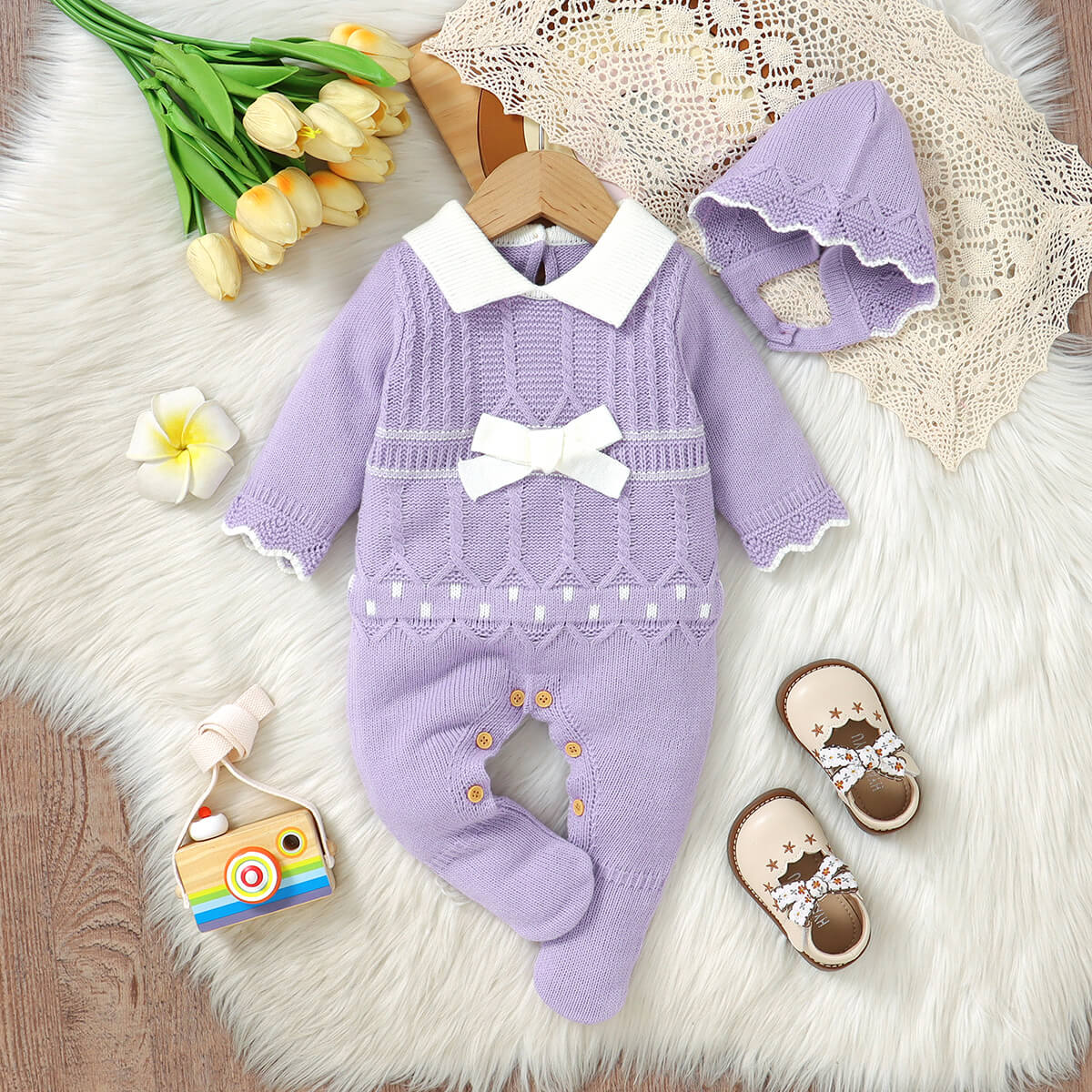 Baby solid color knitted one-piece long-sleeved romper with long legs + hat