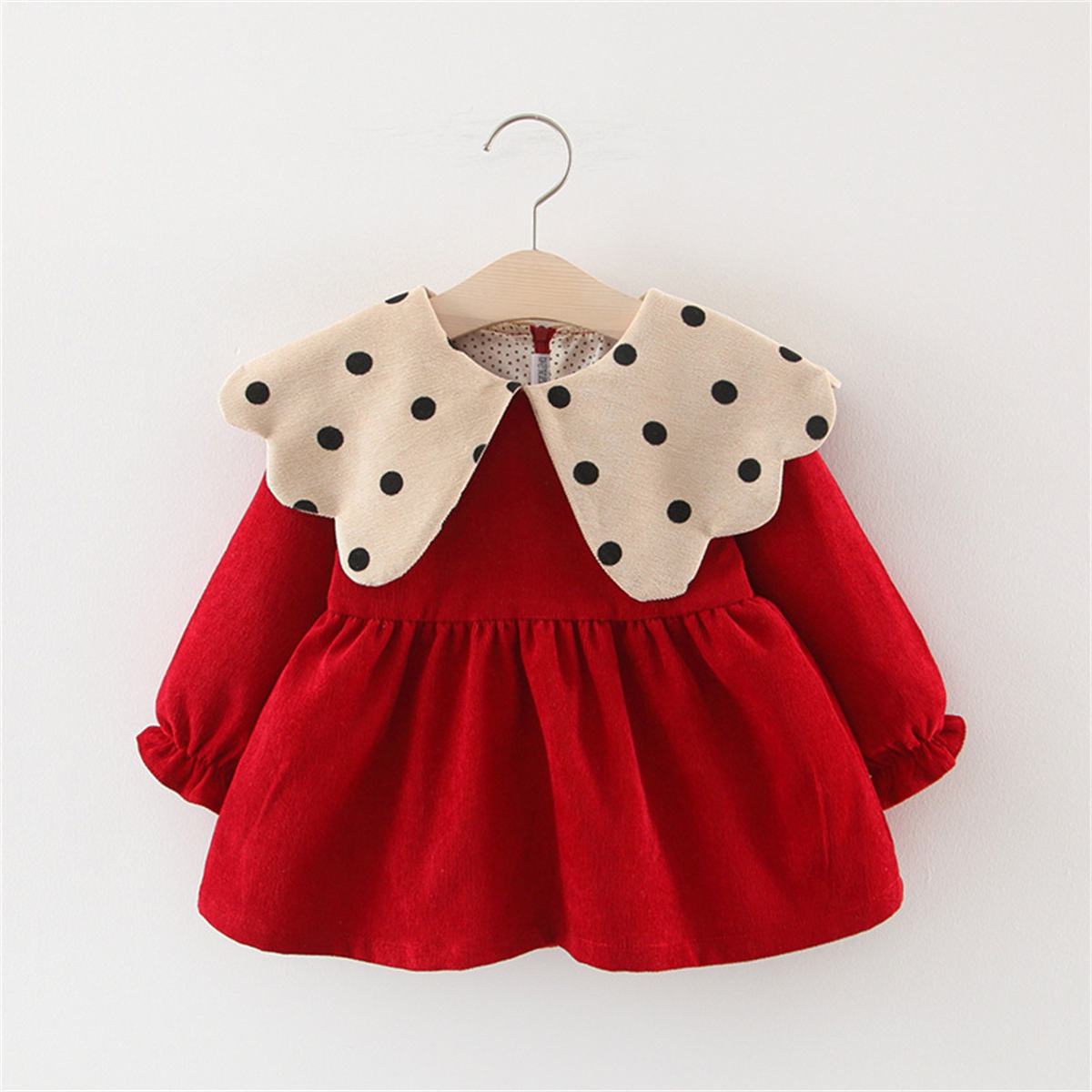 Baby Girls Corduroy Long Sleeve Dress Large Polka Dot Lapel Dress