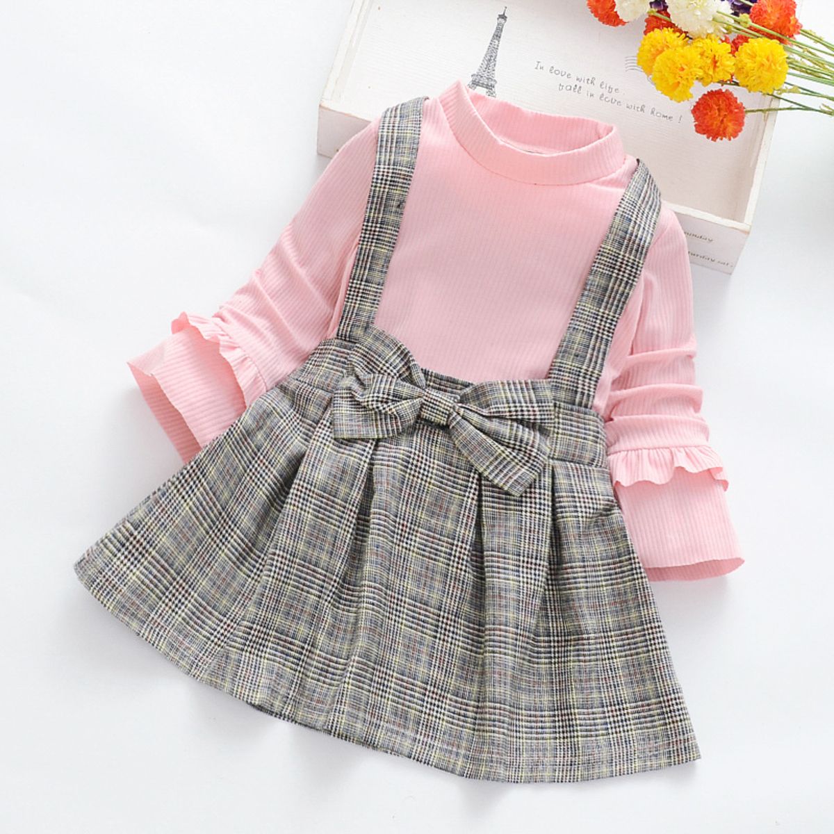 Girls dress spring and autumn baby fake 2 pieces fashionable children's skirt plaid little girl princess skirt