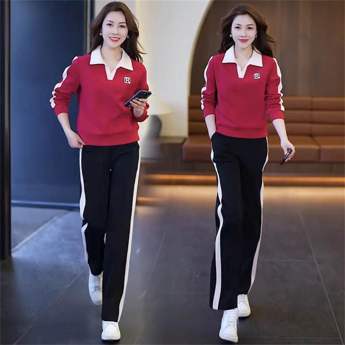 Women's simple lapel sweatshirt + sweatpants two-piece set