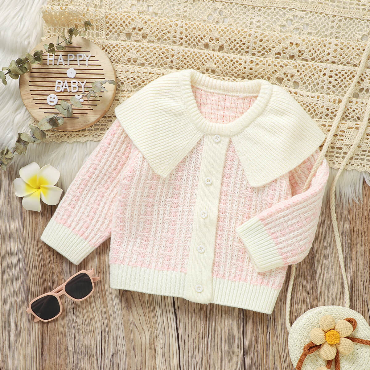 Infant Patchwork Collar Knitted Cardigan for Baby Girls