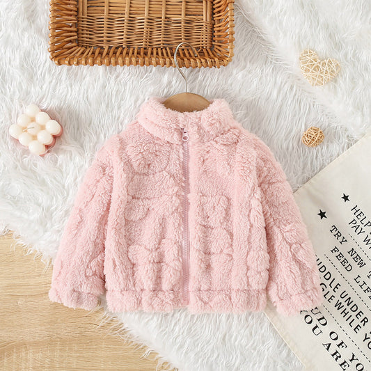 Autumn and winter new girls fleece bear love sweet high collar long sleeve wool sweater coat