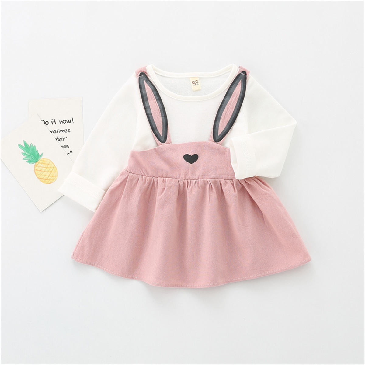 Girls solid color rabbit ears fake two-piece long-sleeved dress