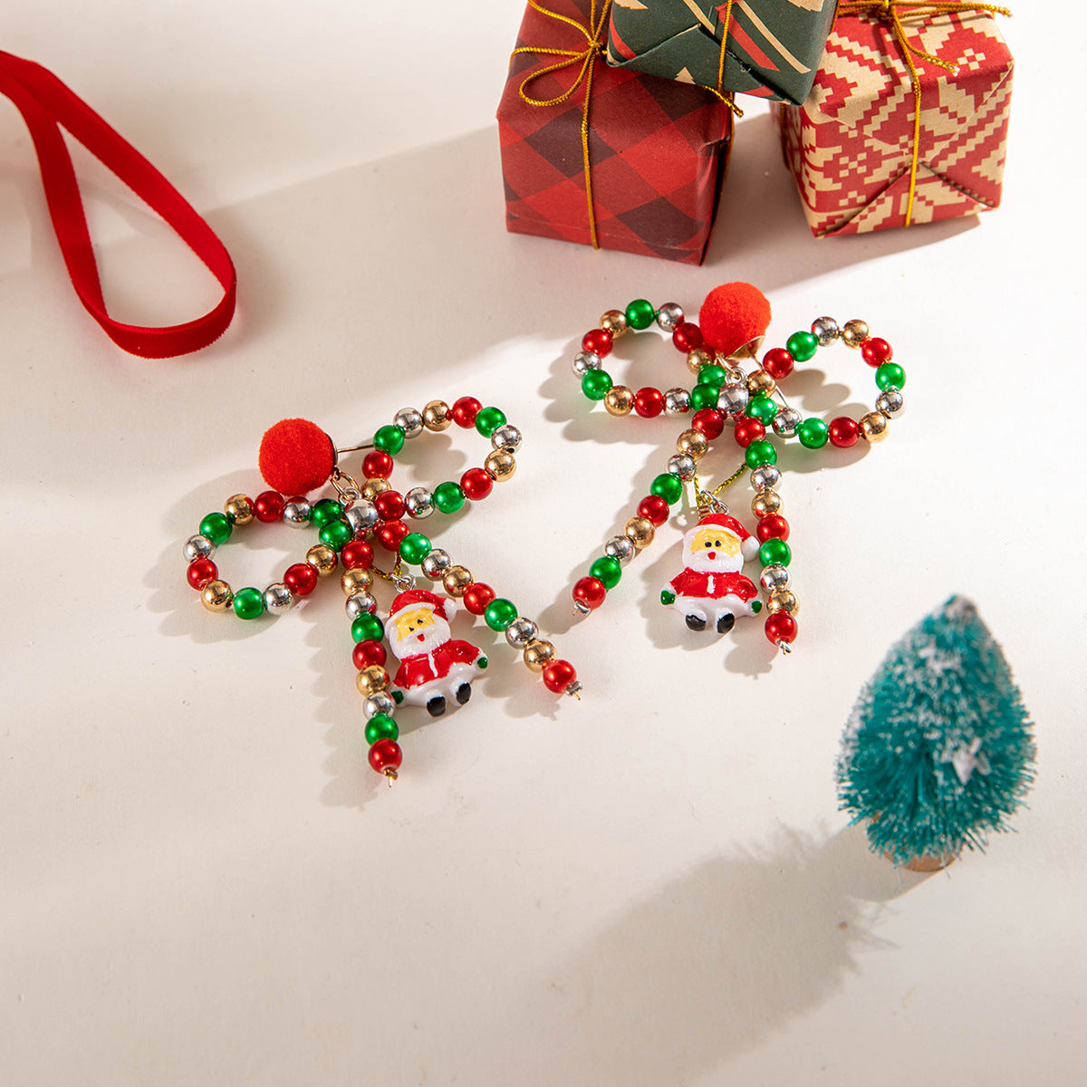 Women's Christmas colorful beaded bow hair ball earrings creative Santa Claus earrings