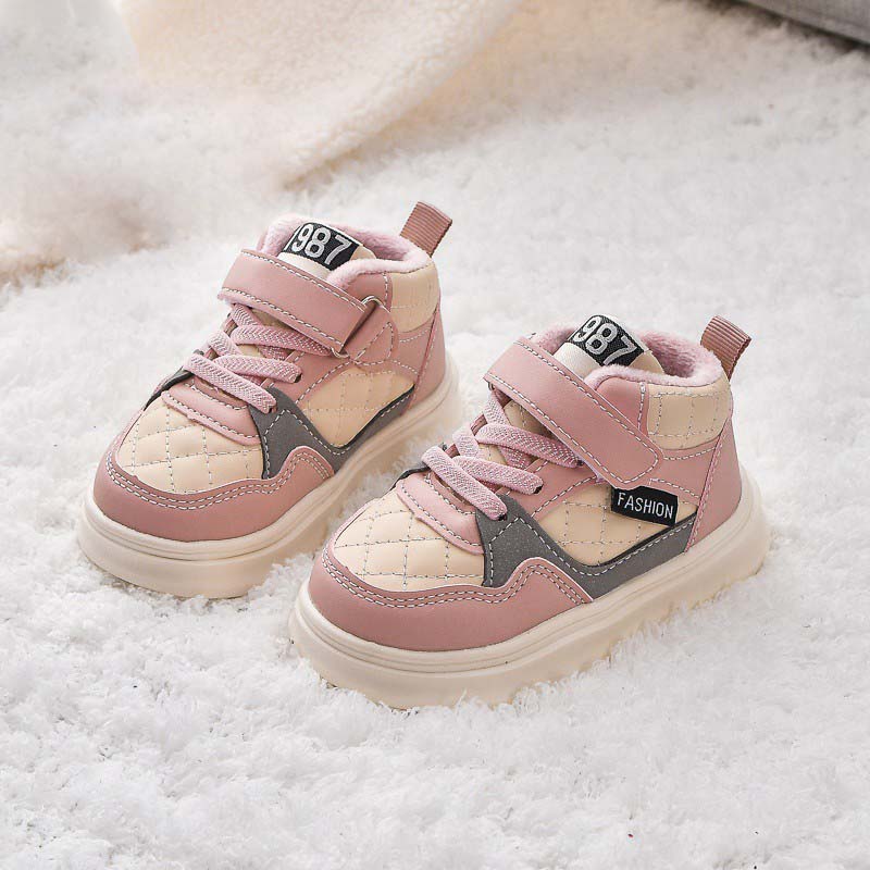 Children&#39;s and boys&#39; winter velvet color matching casual style waterproof warm high-top sneakers