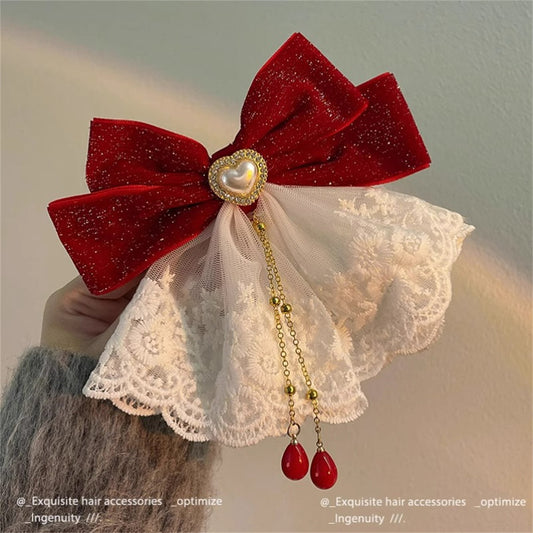 Women's Christmas sweet temperament lace red big bow single clip broken diamond hairpin