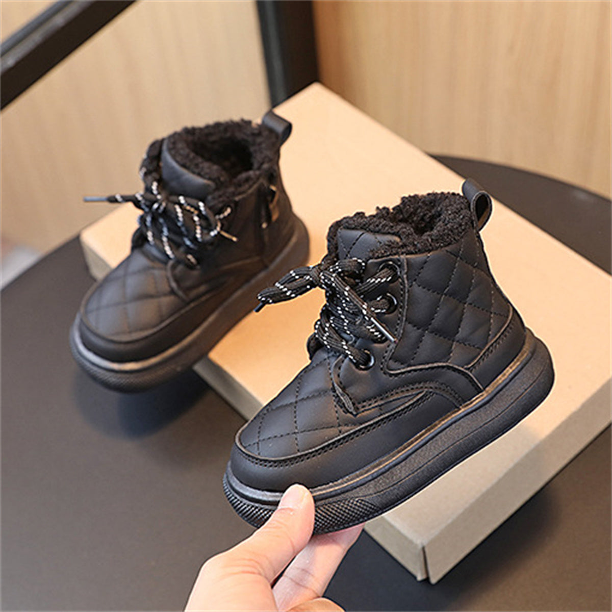 Children's girls' solid color simple British style warm plus velvet fashionable waterproof non-slip high top cotton shoes