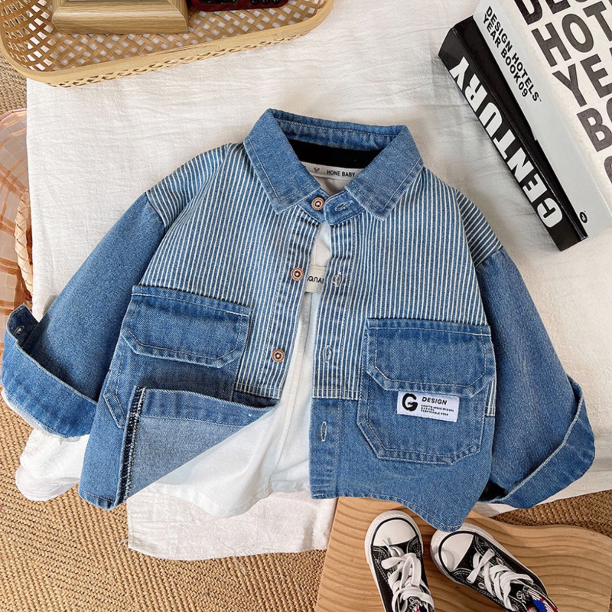 Children's autumn coat new style lapel striped shirt denim boys and girls cardigan outer wear