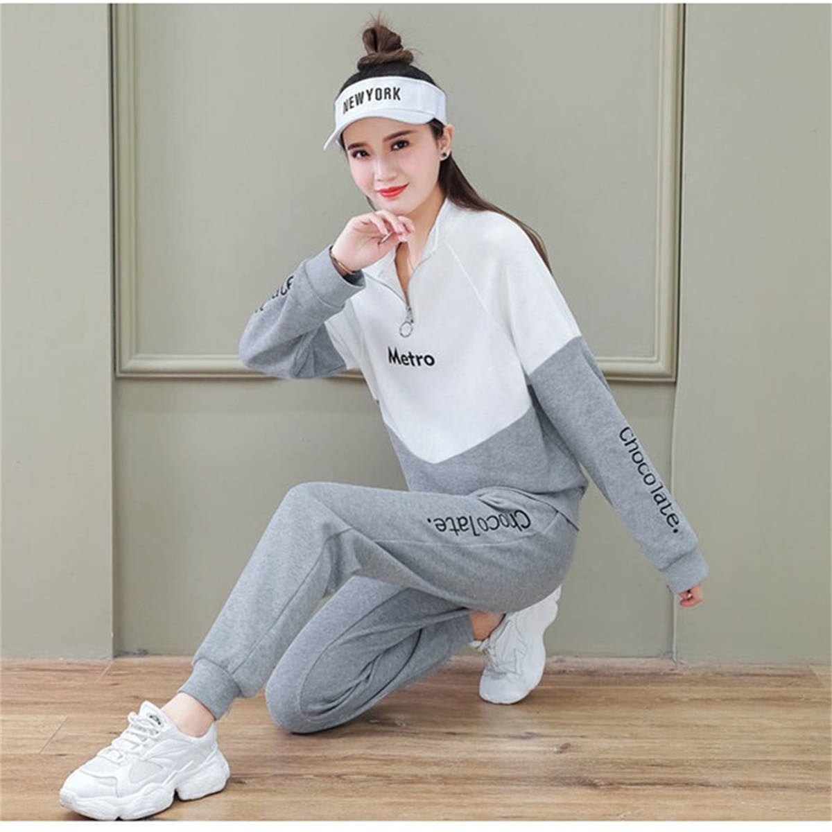 Women's sports large size stand collar sweatshirt suit