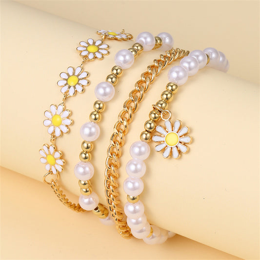 Adult 4-pack pearl daisy bracelet set