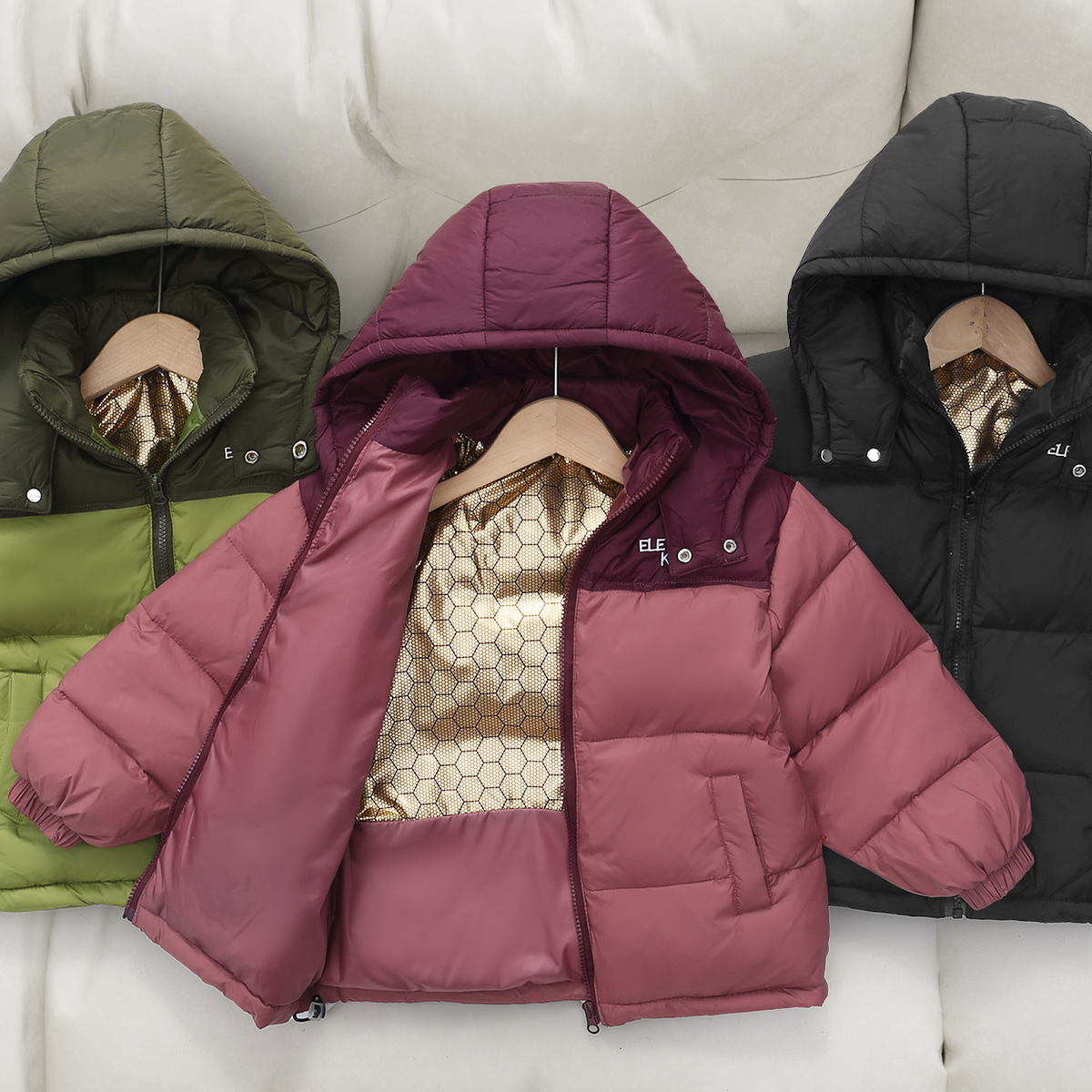 Winter color matching simple waterproof warm hooded short down jacket for middle and large boys and girls