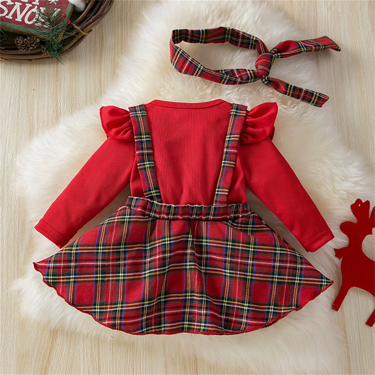 Dress with head bow, suspender skirt, Christmas design