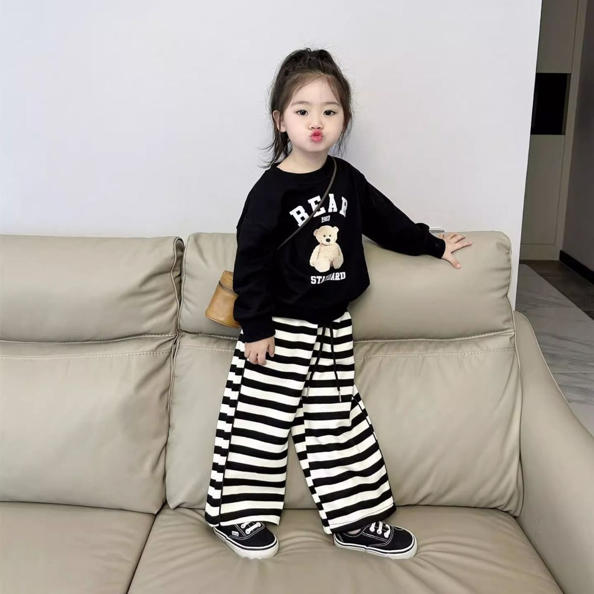 Girls Cartoon Sweatshirt Striped Wide Leg Pants Suit Casual Two-piece Suit