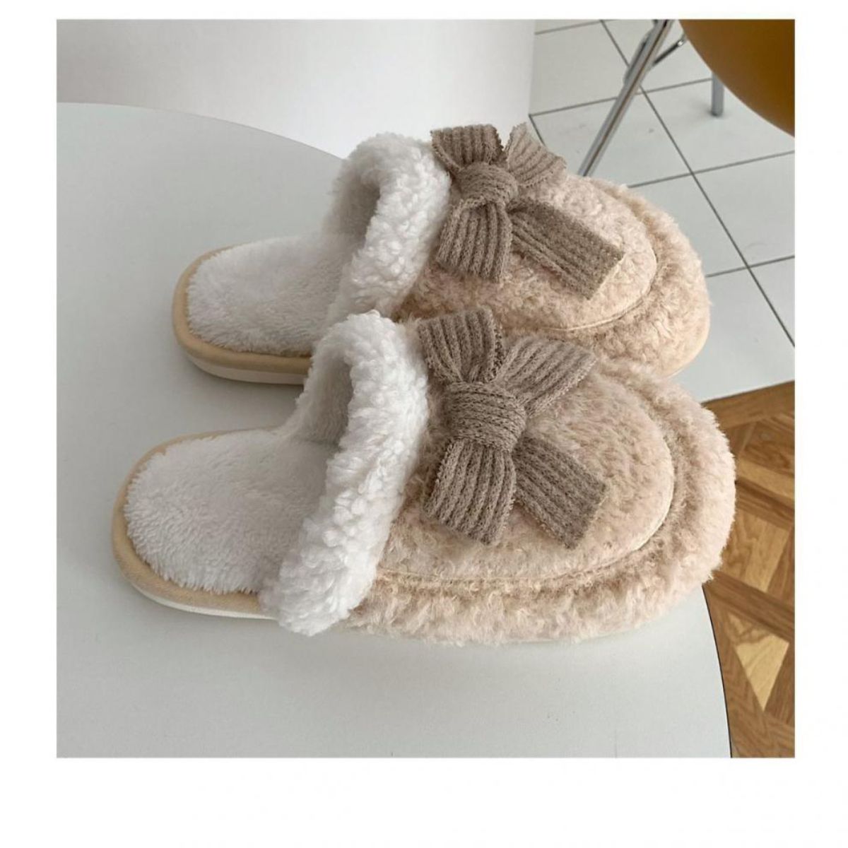 Bowknot warm non-slip plush cotton slippers