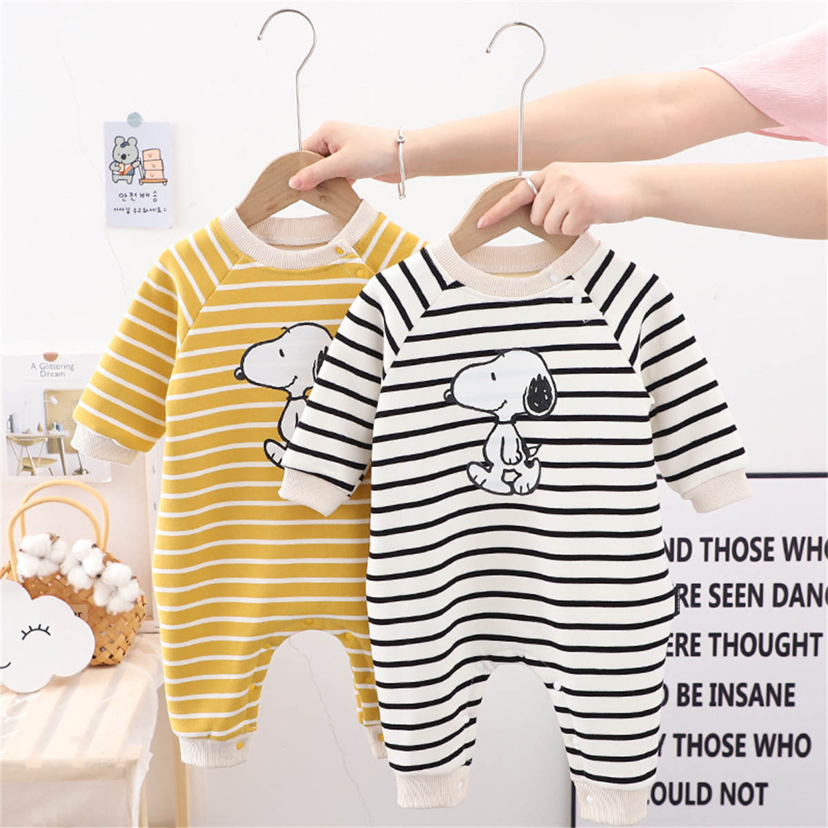 Infant and Toddler Autumn Plus Velvet Striped Snoopy Pullover Romper