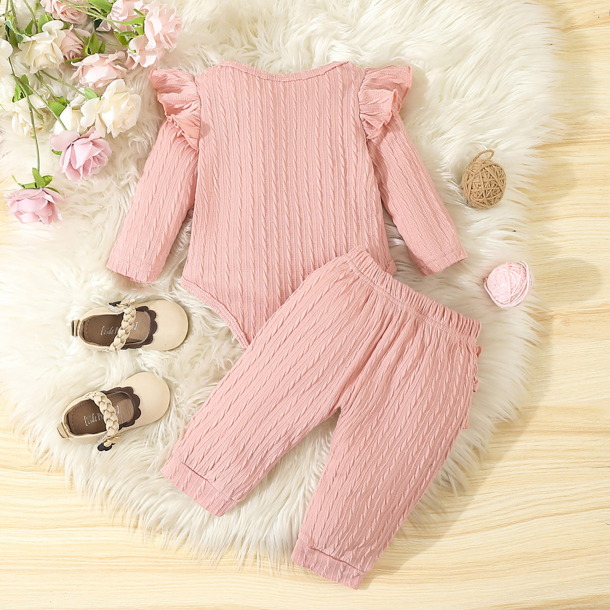 Baby girl sweet and cute simple loose flysleeve round neck long-sleeved triangle jumpsuit and multi-layer ruffled pants casual fall 2-piece set