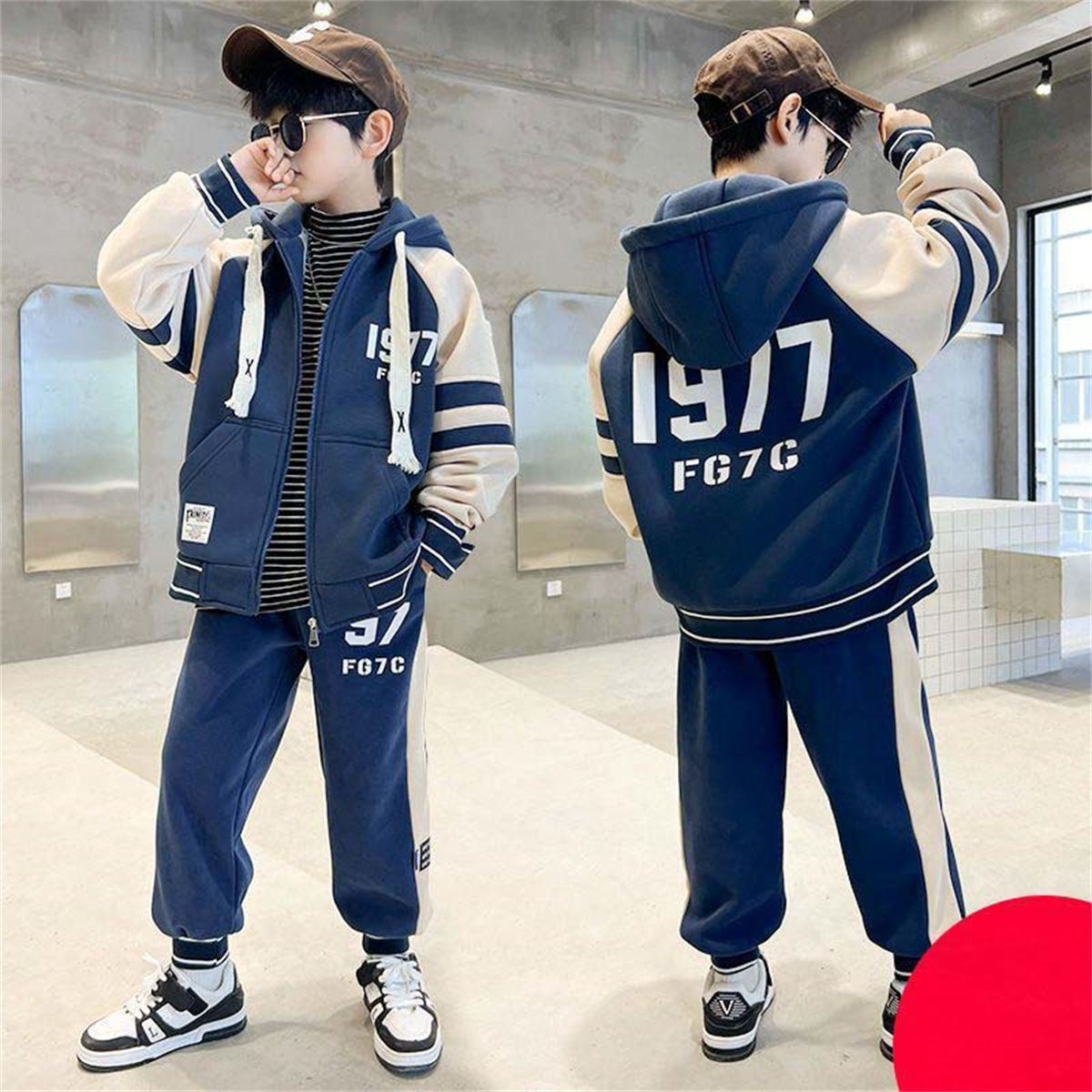 Winter fleece letter sports style sweater suit for middle and large boys