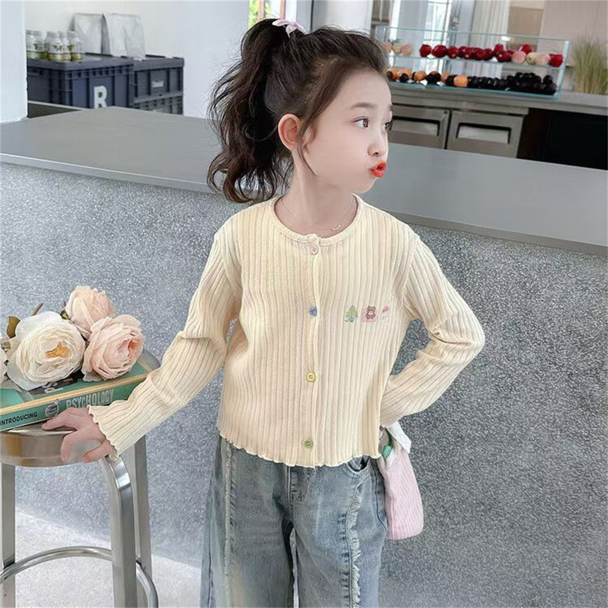 Versatile Colorful Button Girls Knitted Sweater Knitted Top