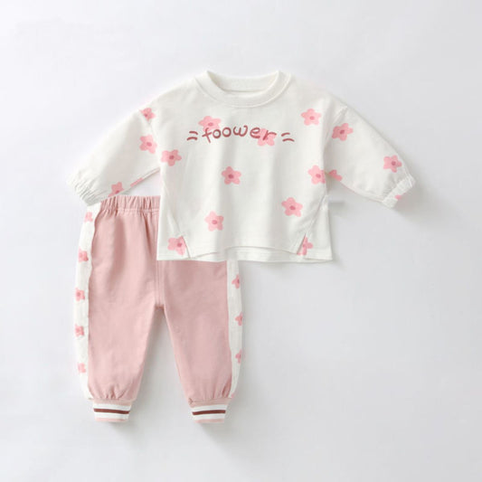 Girls spring and autumn suits for infants and young children two-piece suits with full print small flowers