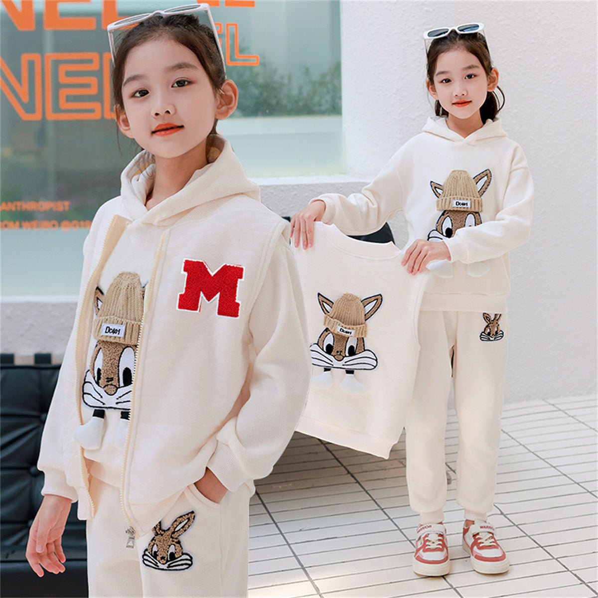 Girls autumn and winter three-piece suits plus velvet and thick sports casual style cute pattern multi-piece suit