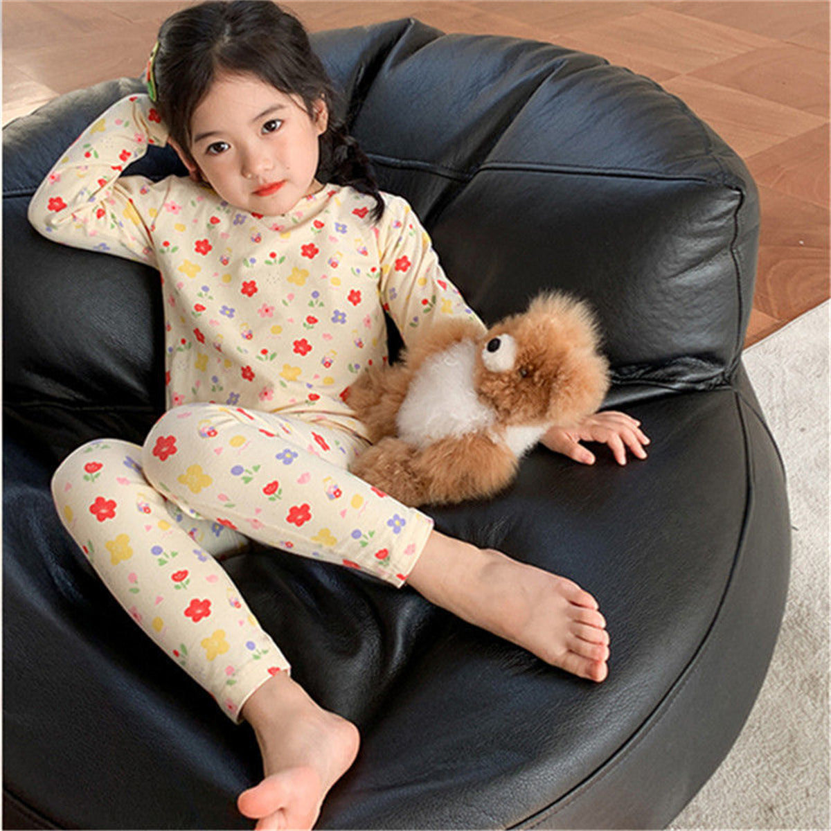 Girls floral home wear long sleeve pajamas warm two piece set