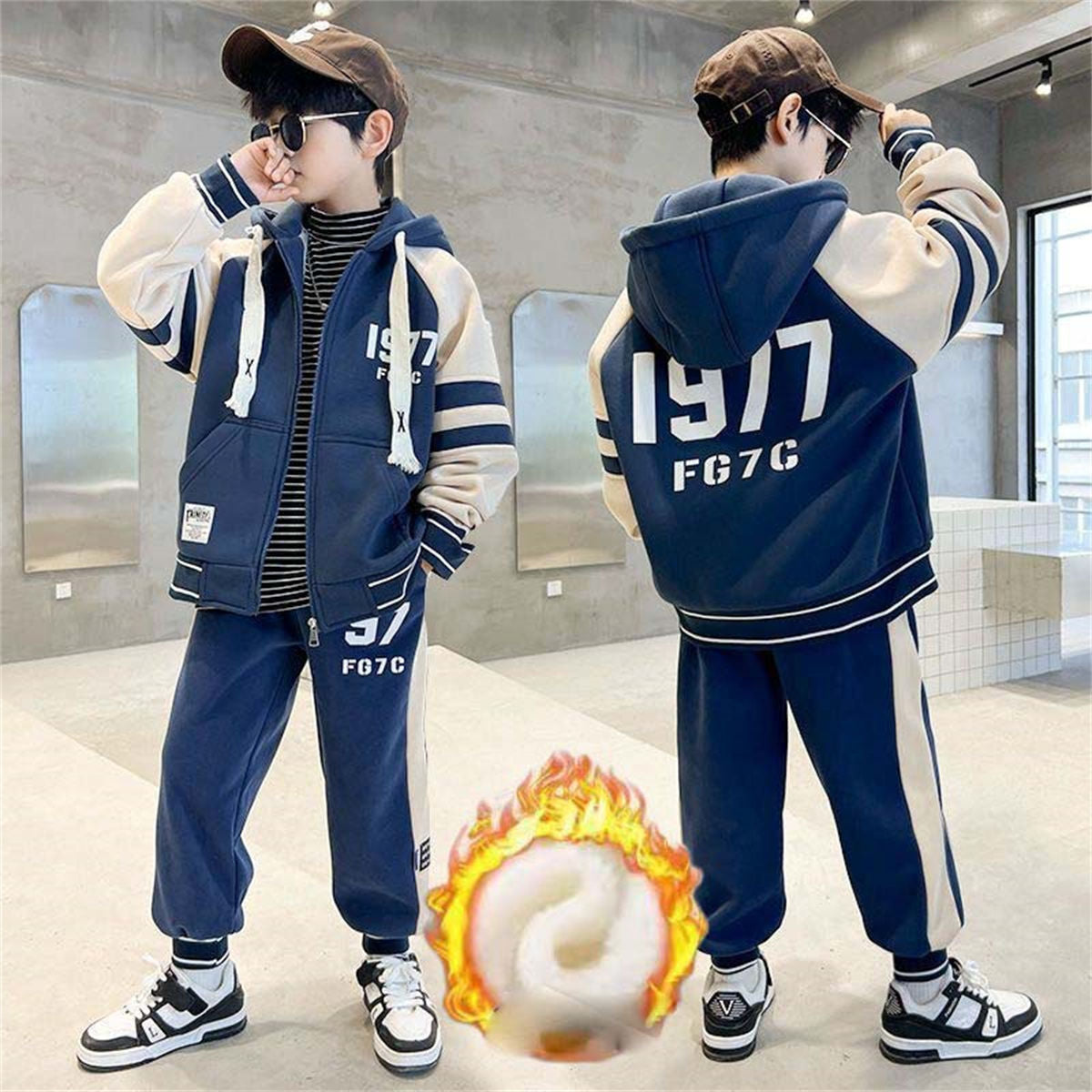 Winter fleece letter sports style sweater suit for middle and large boys