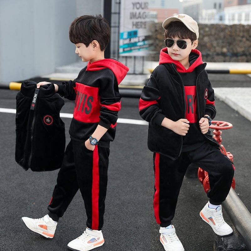 Autumn and winter double-faced fleece three-piece suit for children, plus fleece vest and sweatshirt suit