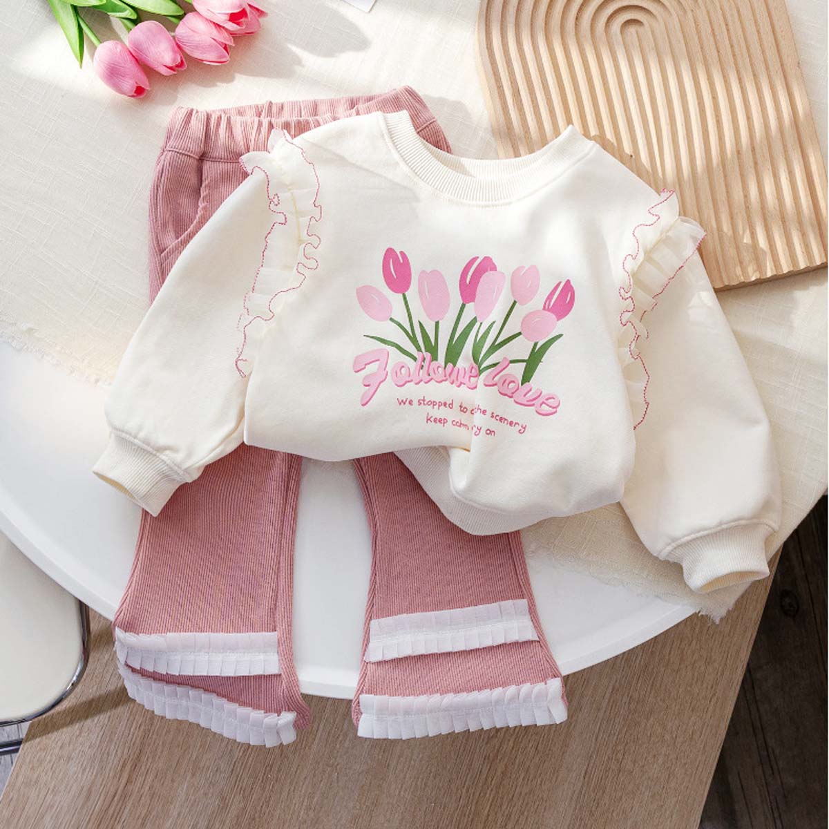 Lace sweater for small and medium-sized girls with printed long-sleeved tops for autumn two-piece suit