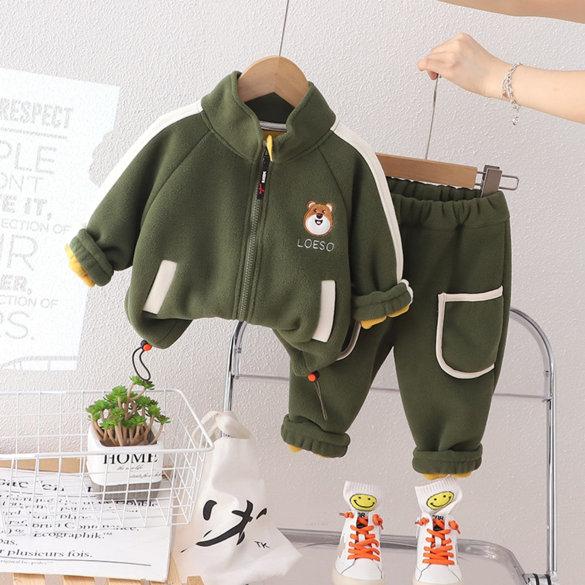 Children's stylish early winter style double-sided velvet two-piece suit baby cartoon children's clothing children's suit trendy