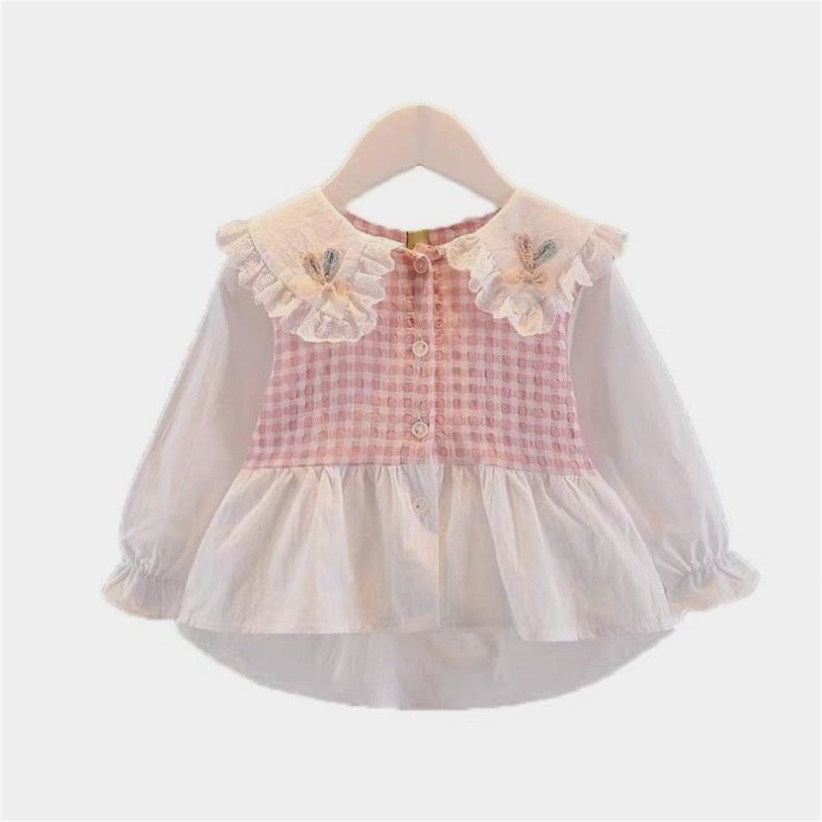 Girls Spring Long Sleeve Princess Style Plaid Fake Two-piece Shirt