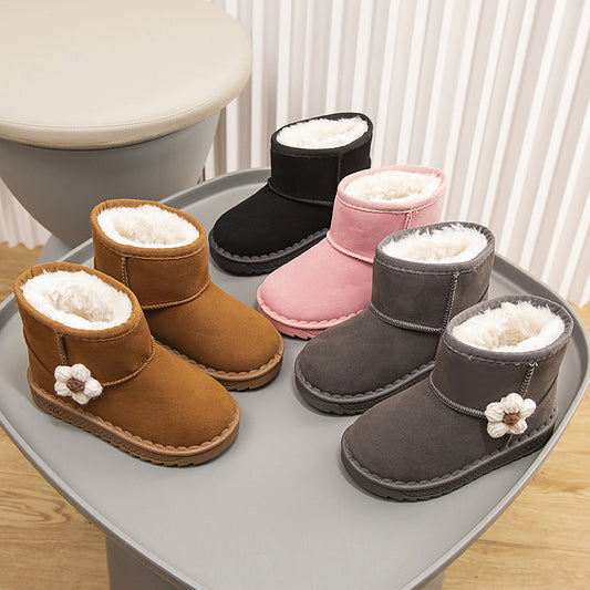 Winter solid color simple flower style warm casual snow boots high top cotton shoes for middle and large children girls