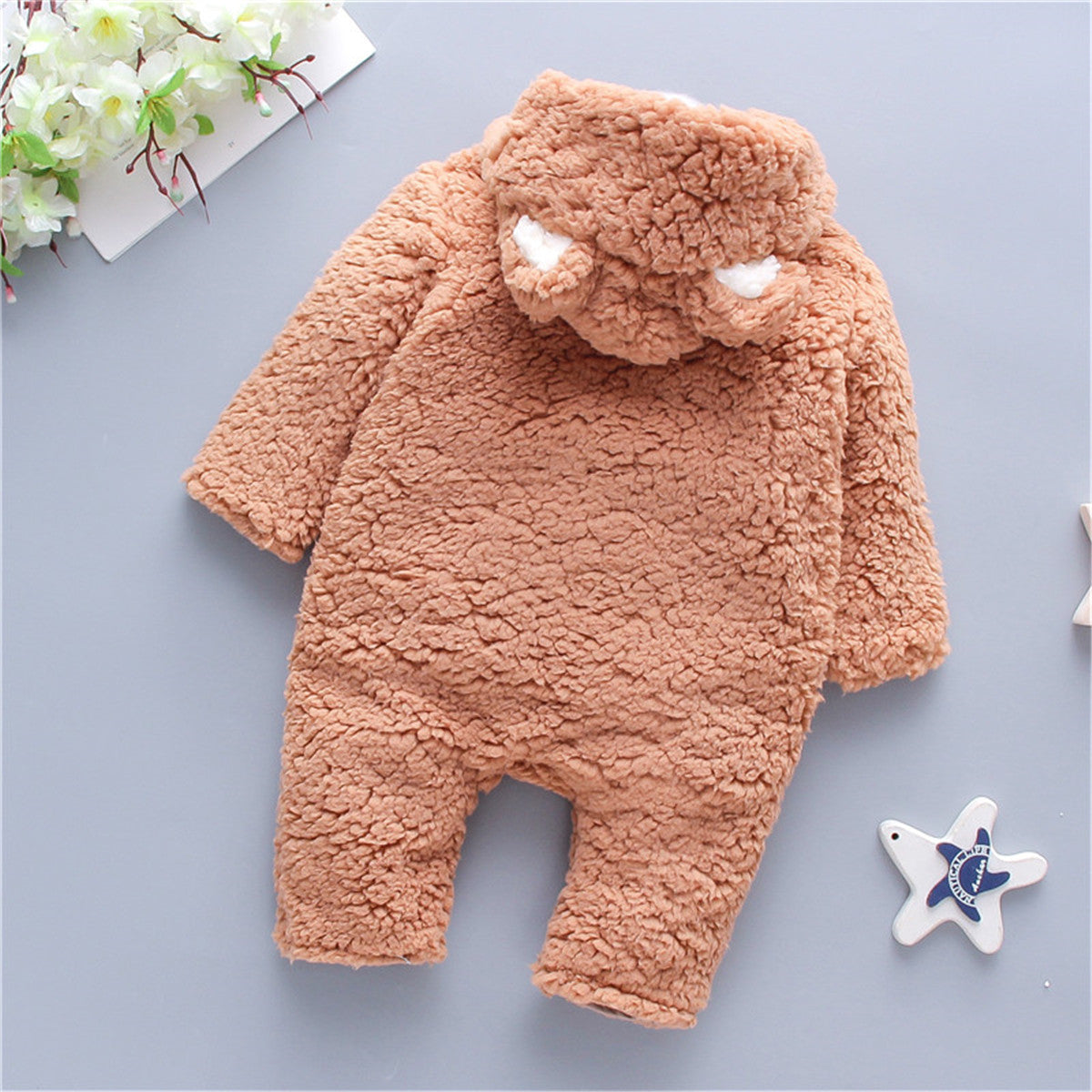 Baby Cute Furry Animal Printed 3D Bear Ear Long-sleeved long-leg romper