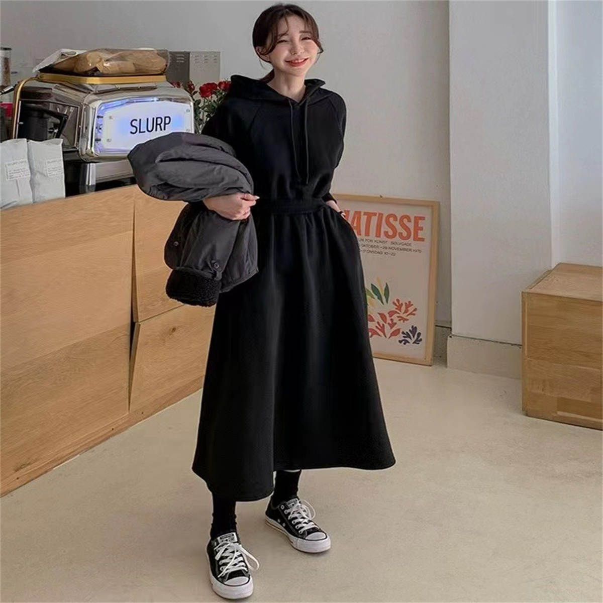 Women's hooded long-sleeved dress high waist slimming below knee length skirt