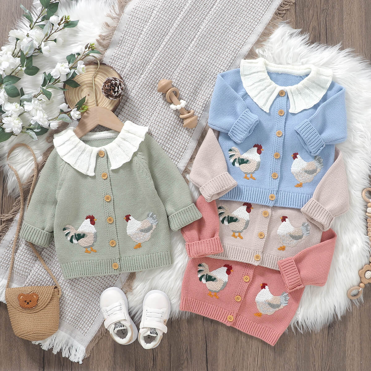 Infant and Toddler Knitted Cute Chick Embroidery Baby Jacket Cardigan