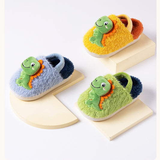 Children's autumn and winter cute dinosaur doll warm elastic back strap cotton slippers