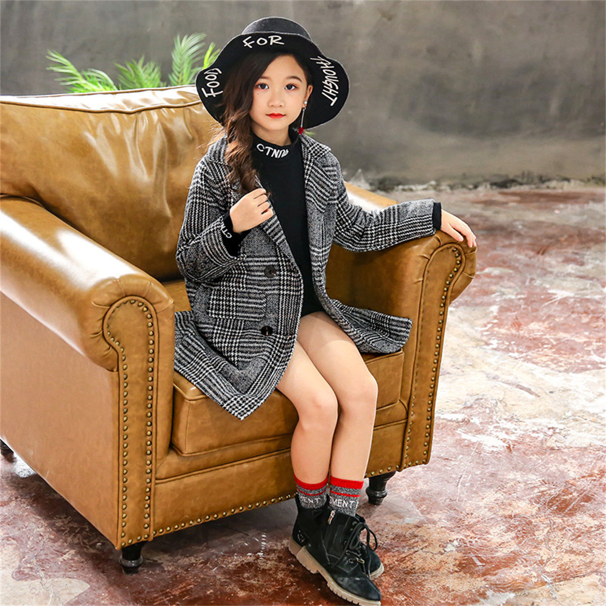 Children's houndstooth coat quilted thick coat