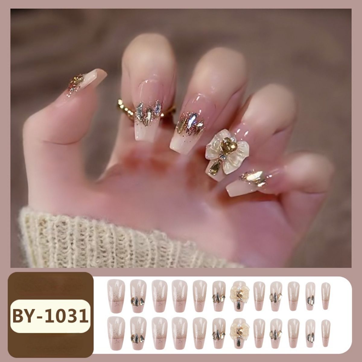 Medium-length champagne gold diamond bow nail art nail tips hot girl nail stickers