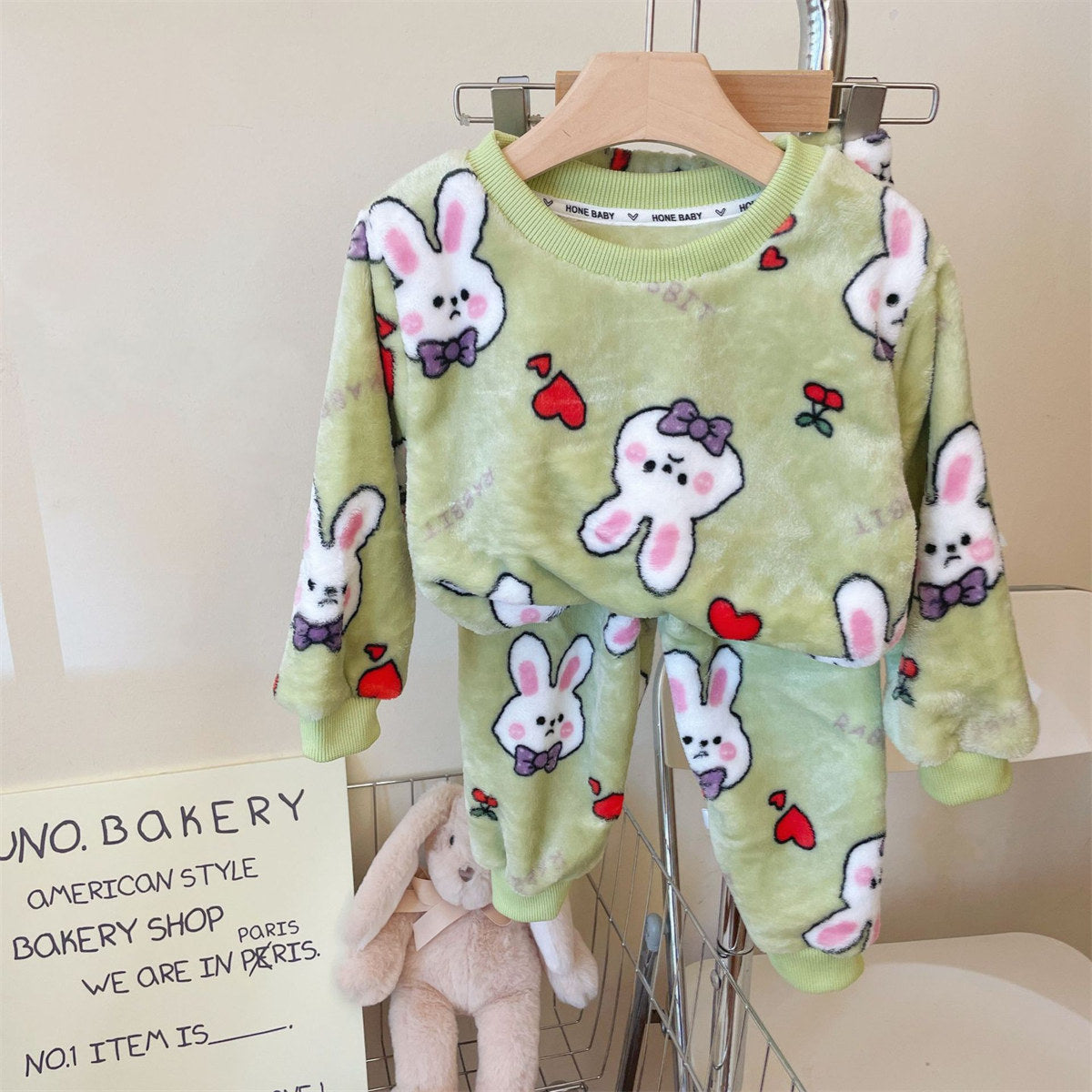 Flannel Pajamas Children Coral Fleece Girls Baby Cartoon Round Neck Home Clothes Plush Thick Set