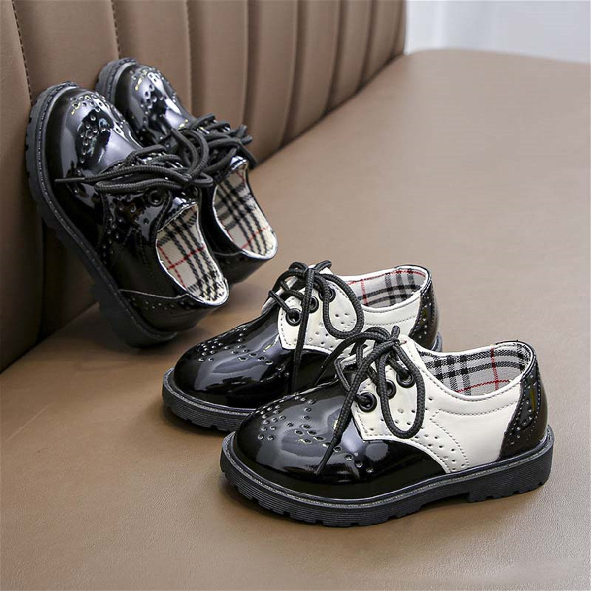 Little boy's spring and autumn British gentleman style party performance plaid waterproof water-soled leather shoes