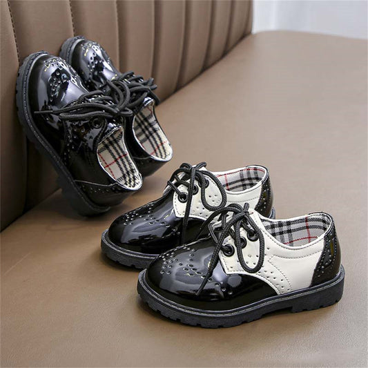 Little boy's spring and autumn British gentleman style party performance plaid waterproof water-soled leather shoes