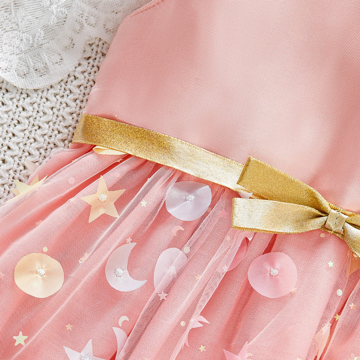 Toddler girl's pink three-dimensional star and moon satin sleeveless dress