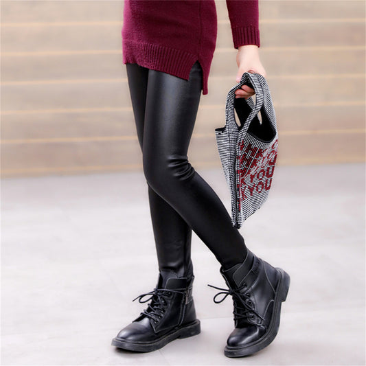 Children's faux leather pants, plush and thickened leggings