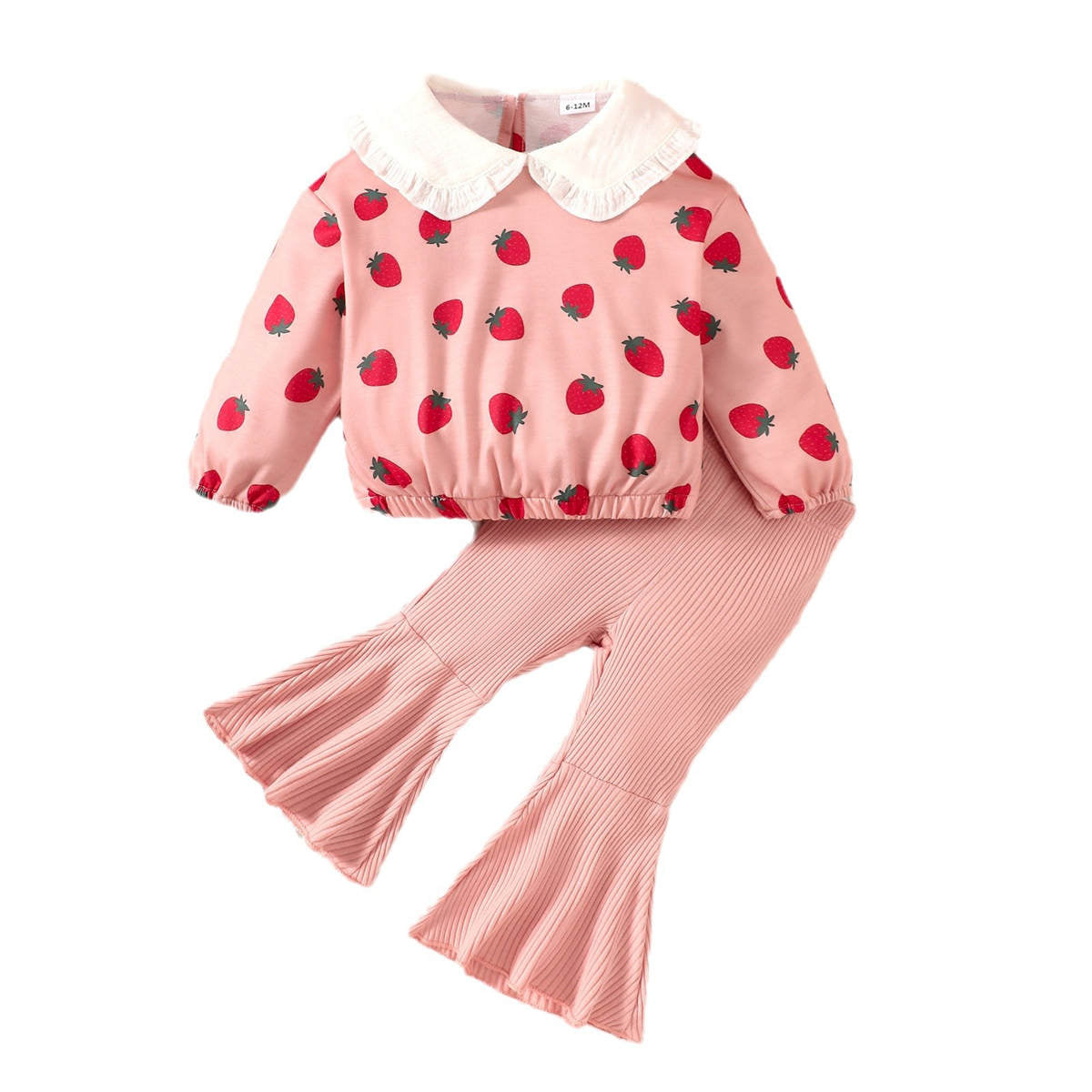 Girls Strawberry Print Long Sleeve Doll Collar Top Flared Pants Set