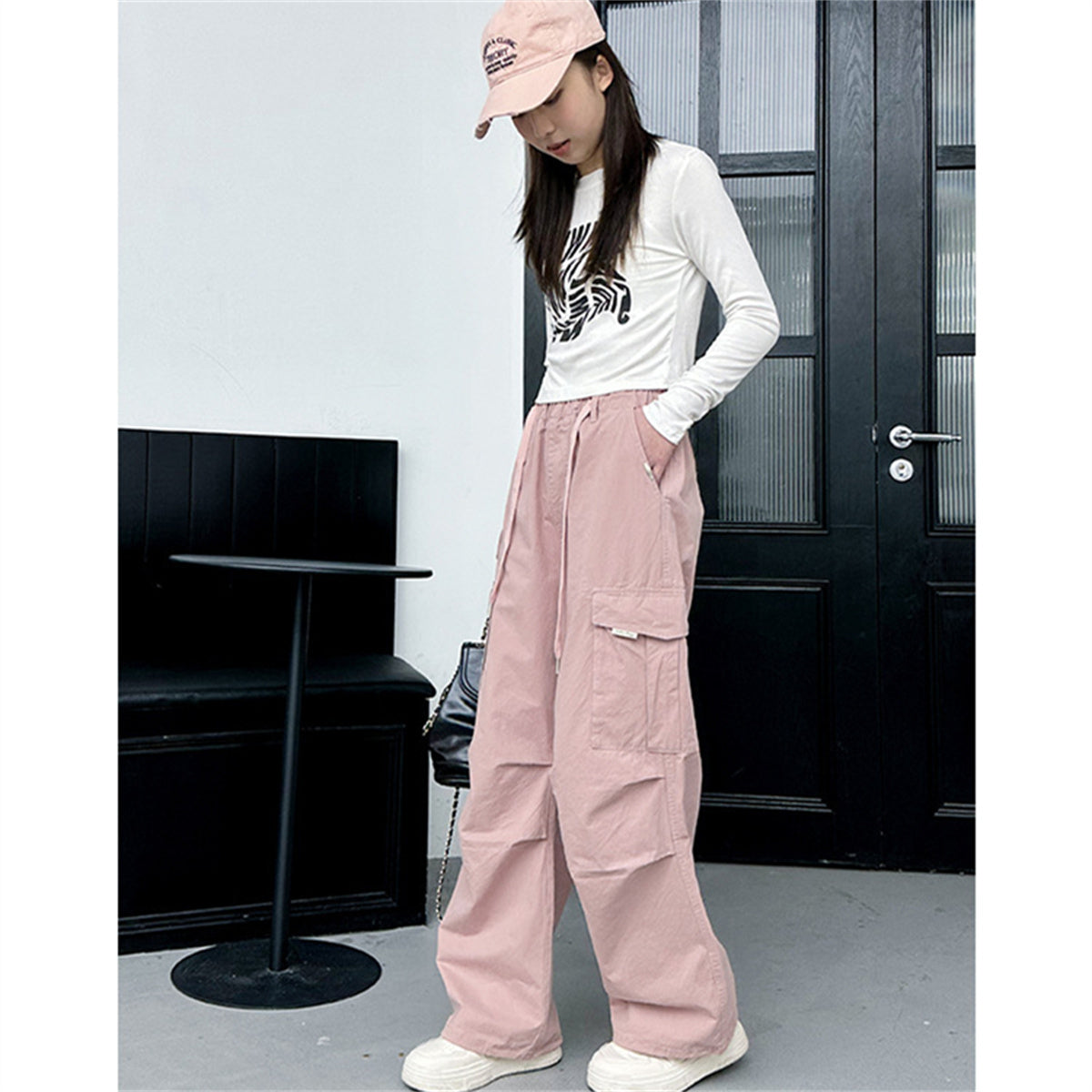 Girls Urban Sports Style Multi-Pocket Solid Color Woven Trousers