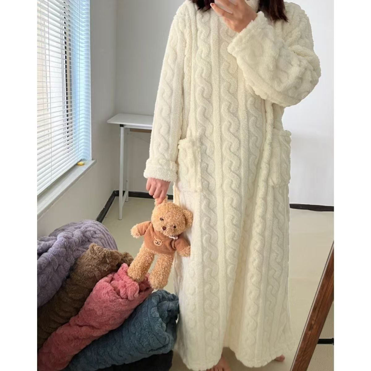 Autumn and winter coral fleece long nightdress large size plus velvet thickened nightgown nightdress