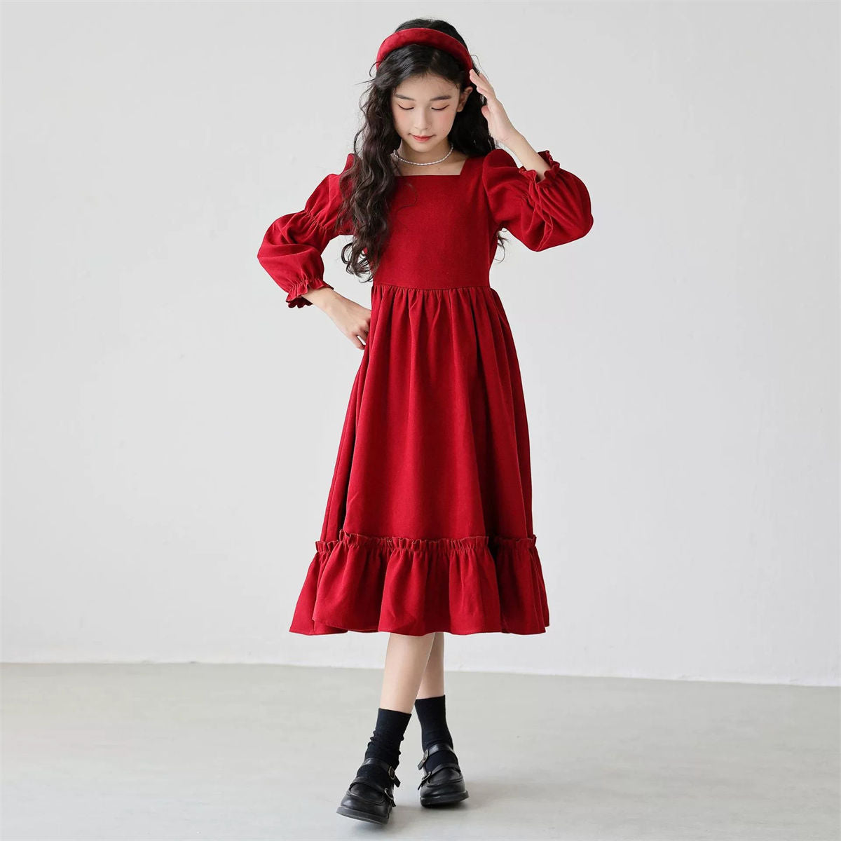 Autumn red elegant lady-style lace long-sleeved dress for middle and large girls