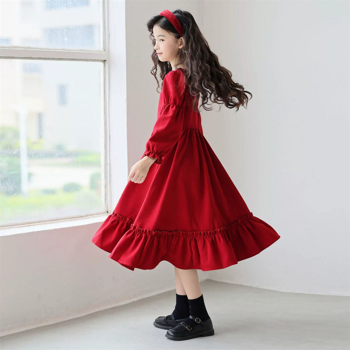 Autumn red elegant lady-style lace long-sleeved dress for middle and large girls