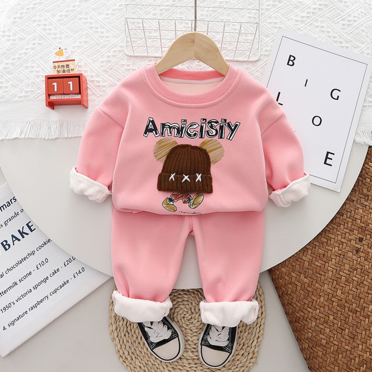 New autumn and winter new style baby plus fleece sweater suit girls leisure one-piece fleece round neck winter wear two-piece sweater