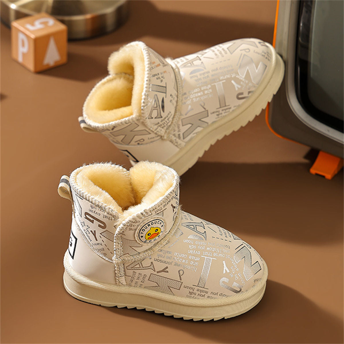 Winter yellow duck printed letter style casual waterproof warm snow boots for boys and girls