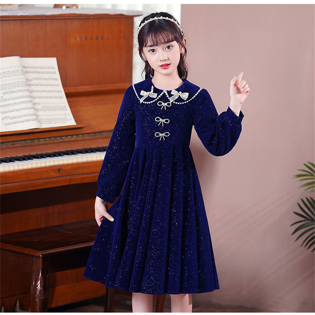 Winter solid color exquisite lady style shiny bow long sleeve dress for middle and large children girls